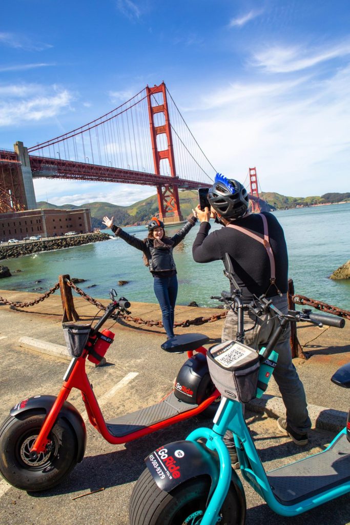 Electric Scooter Rentals with fully guided GPS GoRide tour to the Golden Gate Bridge - departs from Umbrella Alley